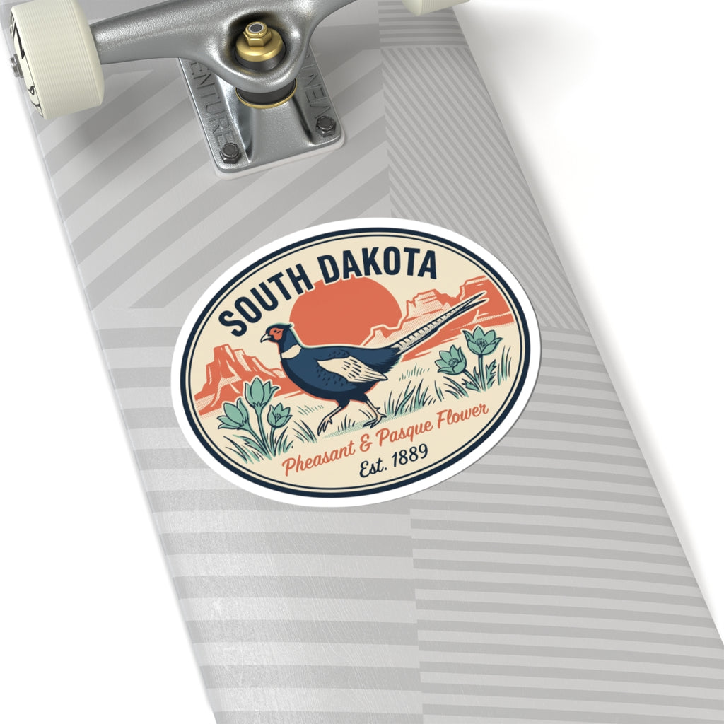 South Dakota pheasant sticker on a striped surface, circular badge with Est. 1889
