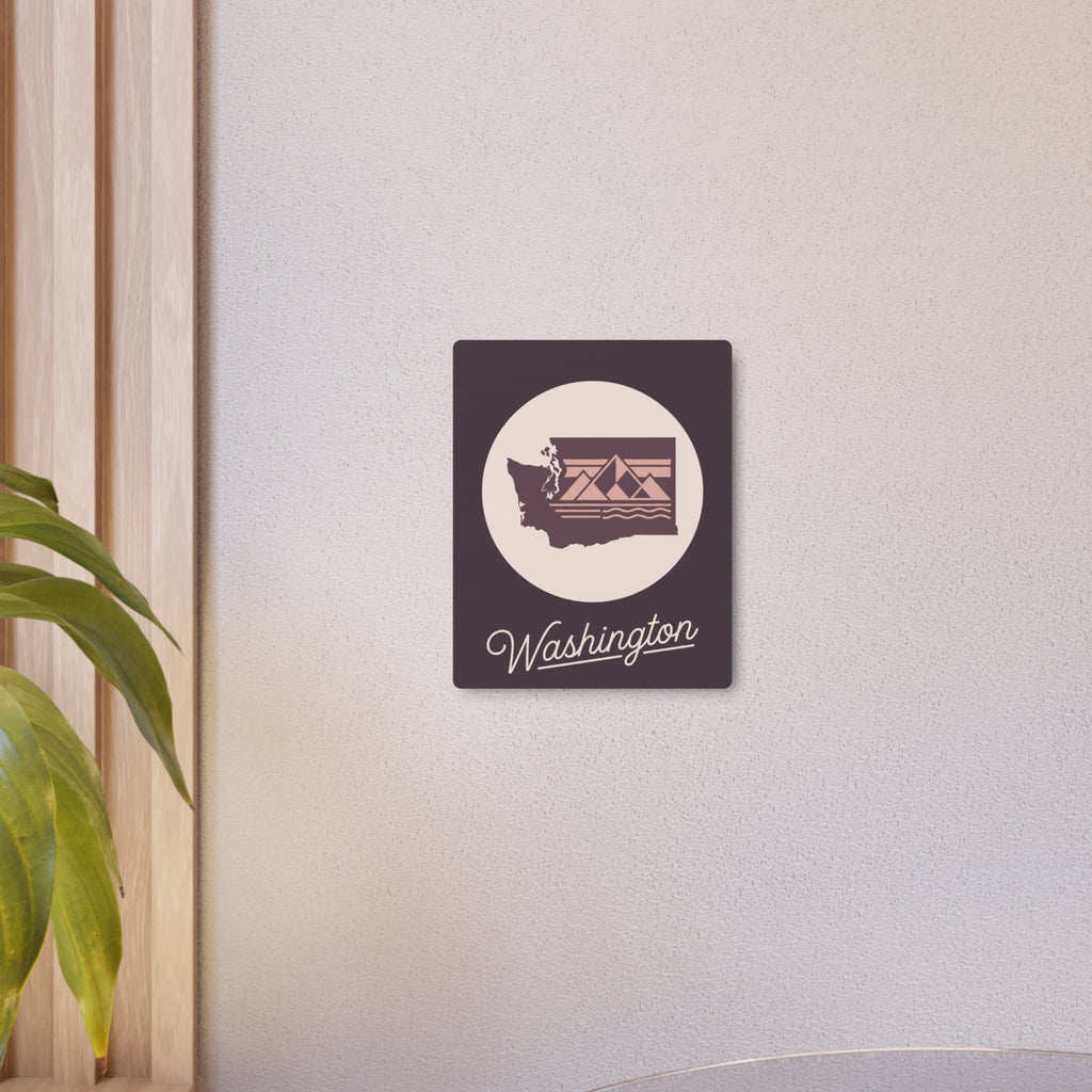 Mauve square metal wall art with round Washington emblem and script “Washington”