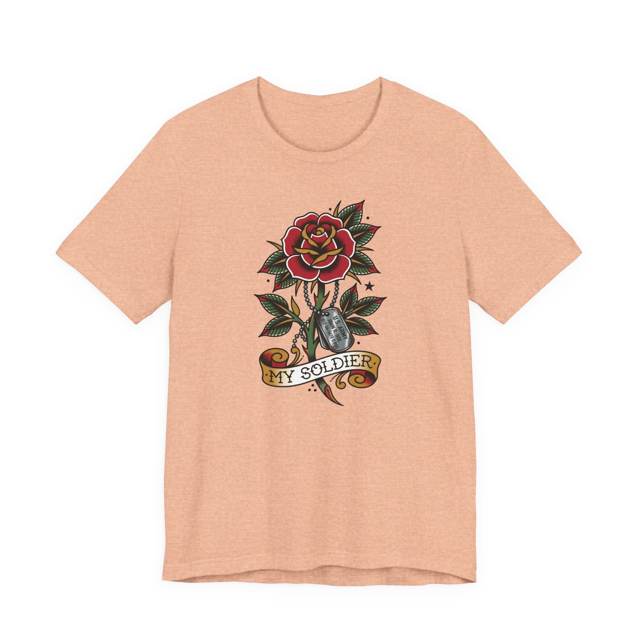 Peach crewneck t-shirt with rose and dog tag graphic, My Soldier emblem.