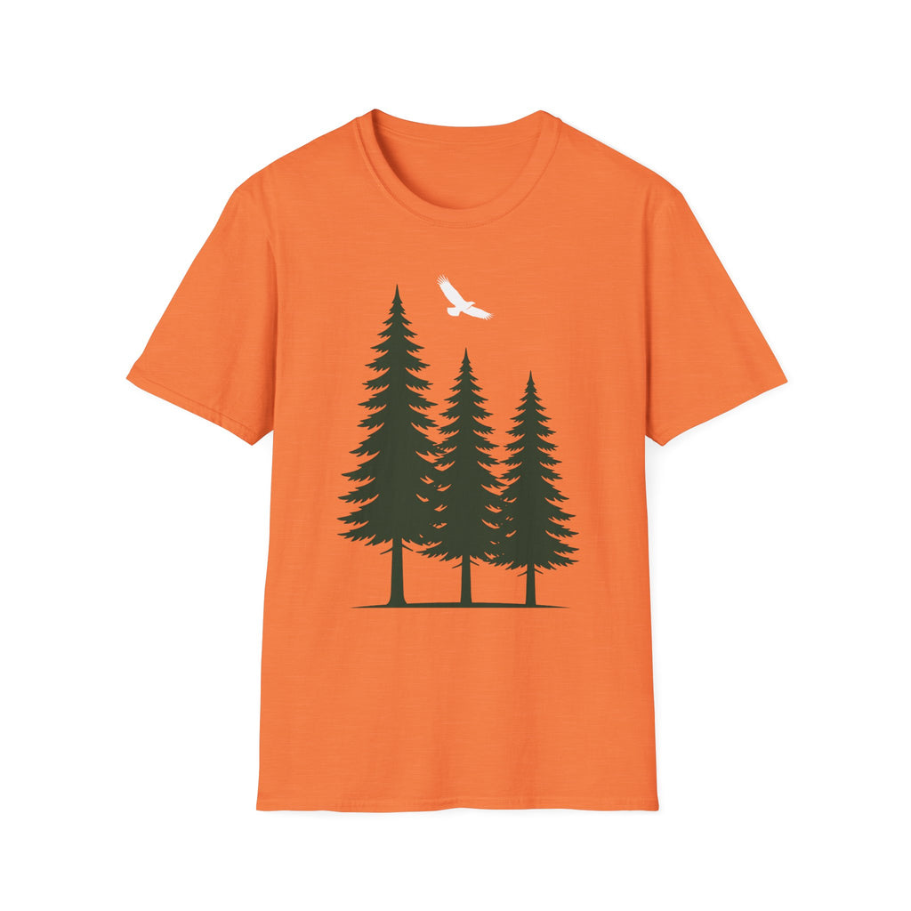 Forest nature T-shirt in orange with pine trees graphic and soaring bird print