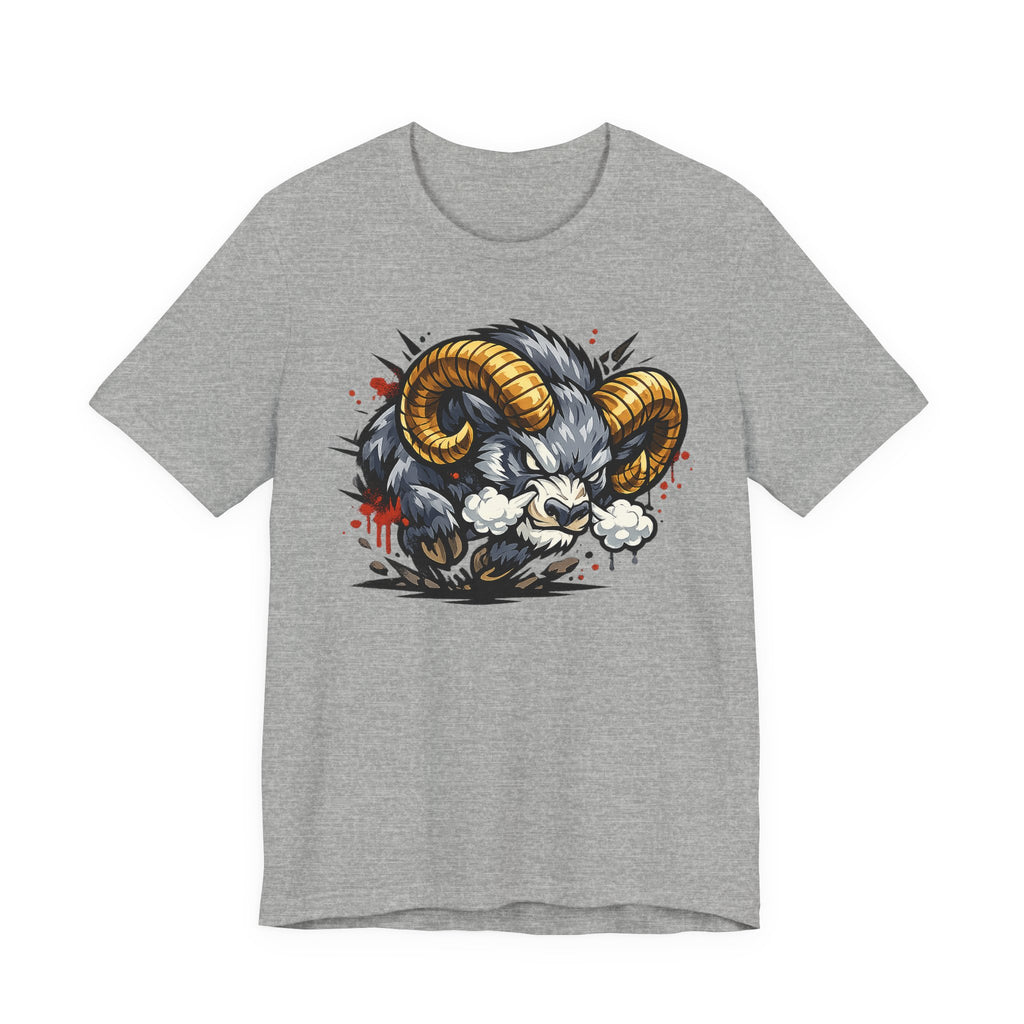 Dark gray crew-neck T-shirt with angry ram graphic in gold, black, and white