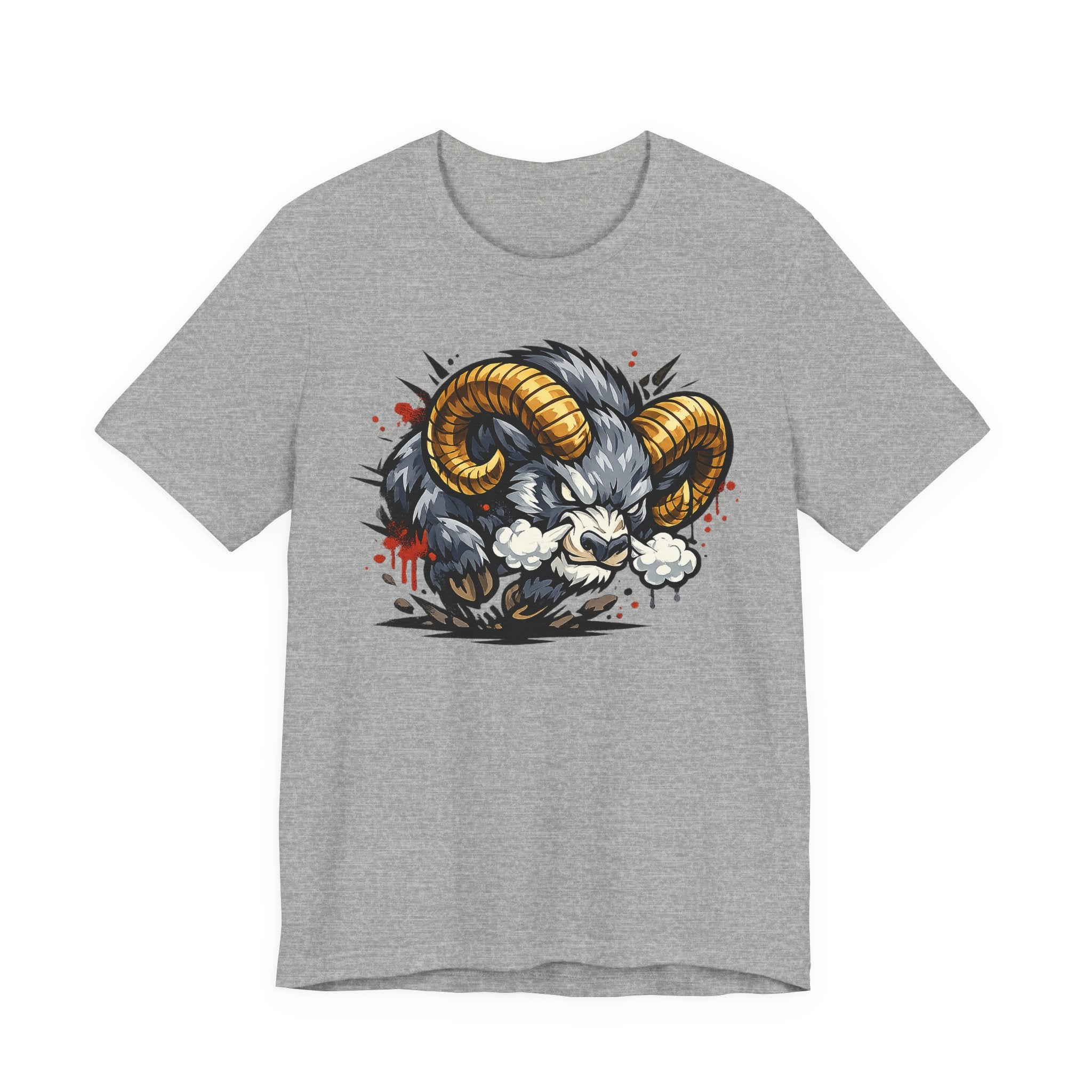 Dark gray crew-neck T-shirt with angry ram graphic in gold, black, and white