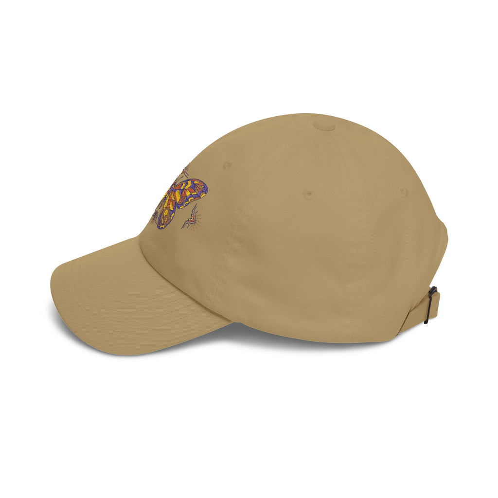 Embroidered dad cap in khaki with colorful moth patch on the front side