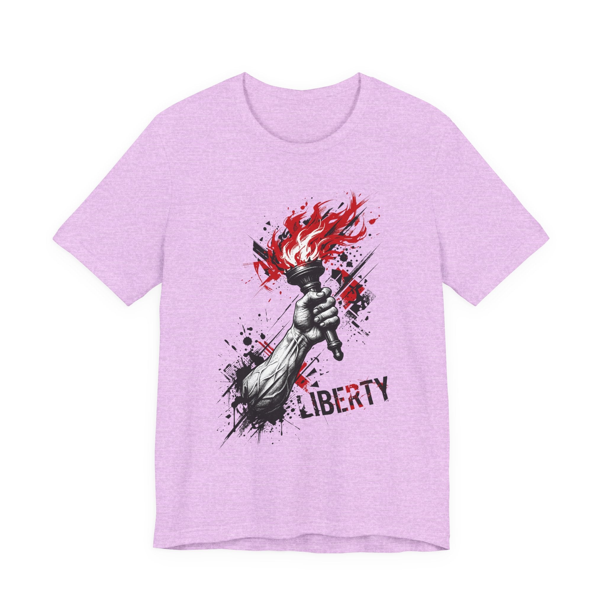 Purple Liberty torch graphic t-shirt with red flames and black splatter, front print