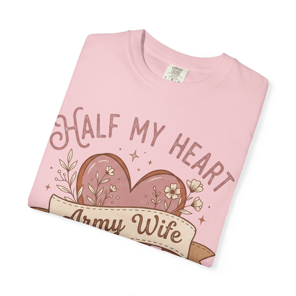 Pink crew-neck T-shirt with heart and "Army Wife" text graphic