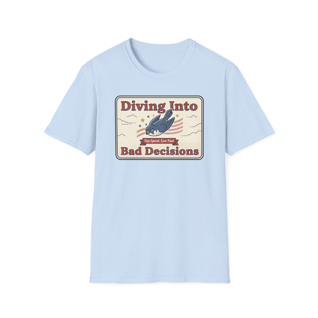 Light blue T-shirt with “Diving Into Bad Decisions” retro shark graphic on front