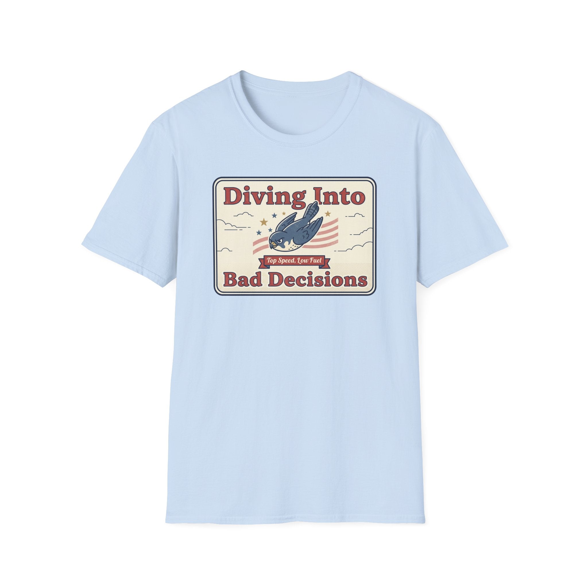 Light blue T-shirt with “Diving Into Bad Decisions” retro shark graphic on front