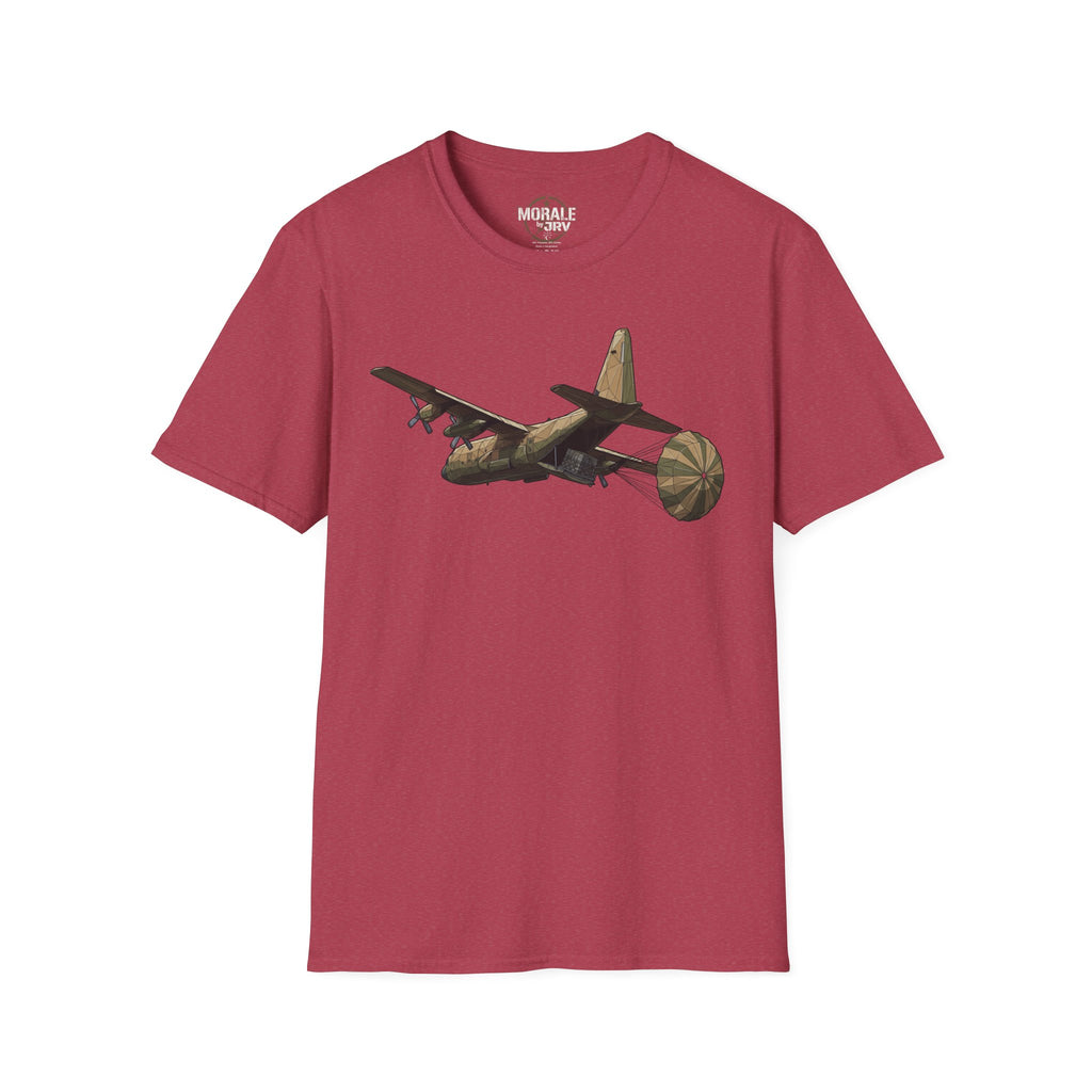 Heather cardinal T-shirt with C-130 cargo plane graphic printed on the chest