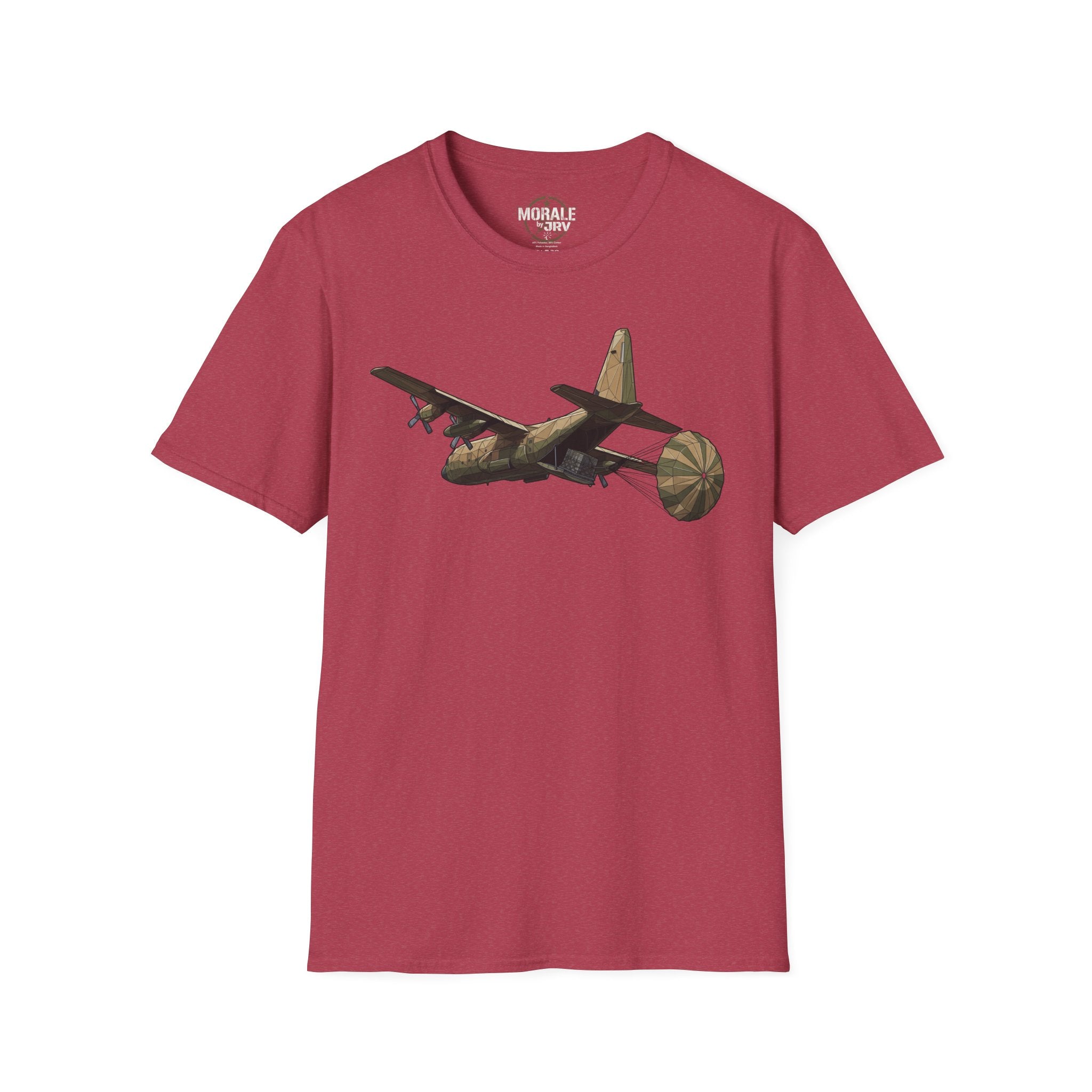 Heather cardinal T-shirt with C-130 cargo plane graphic printed on the chest