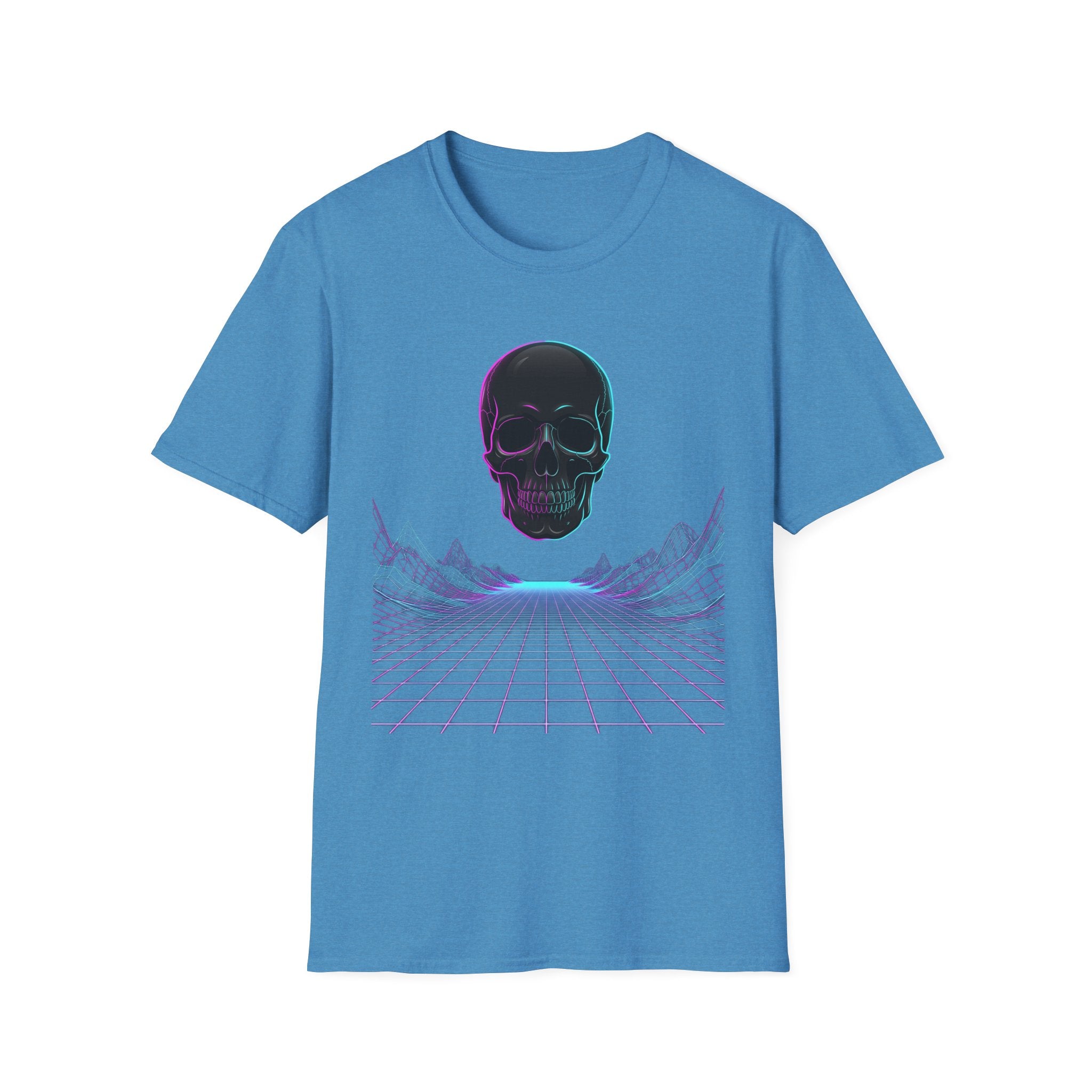 Neon skull T-shirt, blue front with neon skull head and purple-pink grid lines