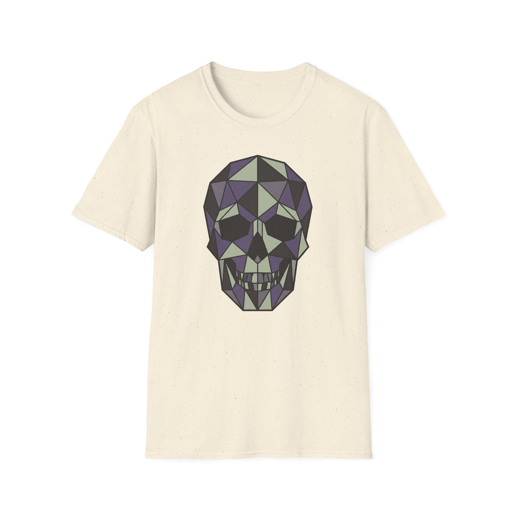 Off-white crew-neck T-shirt with geometric low-poly skull graphic, front view