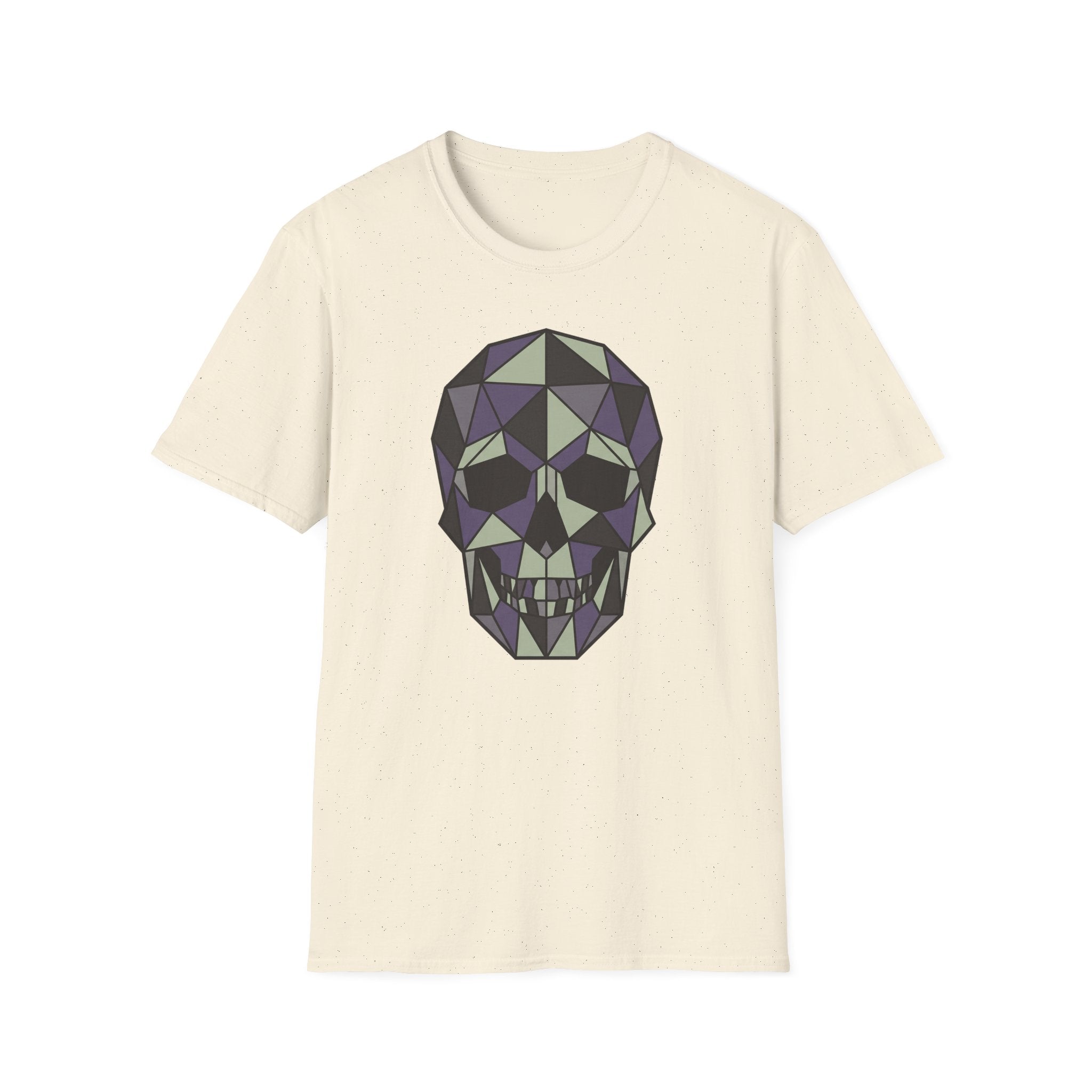 Off-white crew-neck T-shirt with geometric low-poly skull graphic, front view