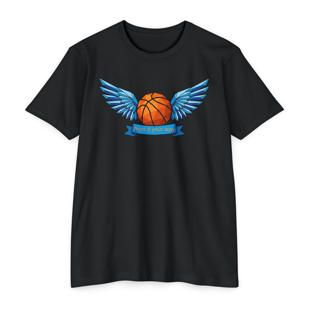 Black t-shirt with winged basketball graphic and small banner print at center.