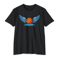 Black t-shirt with winged basketball graphic and small banner print at center.