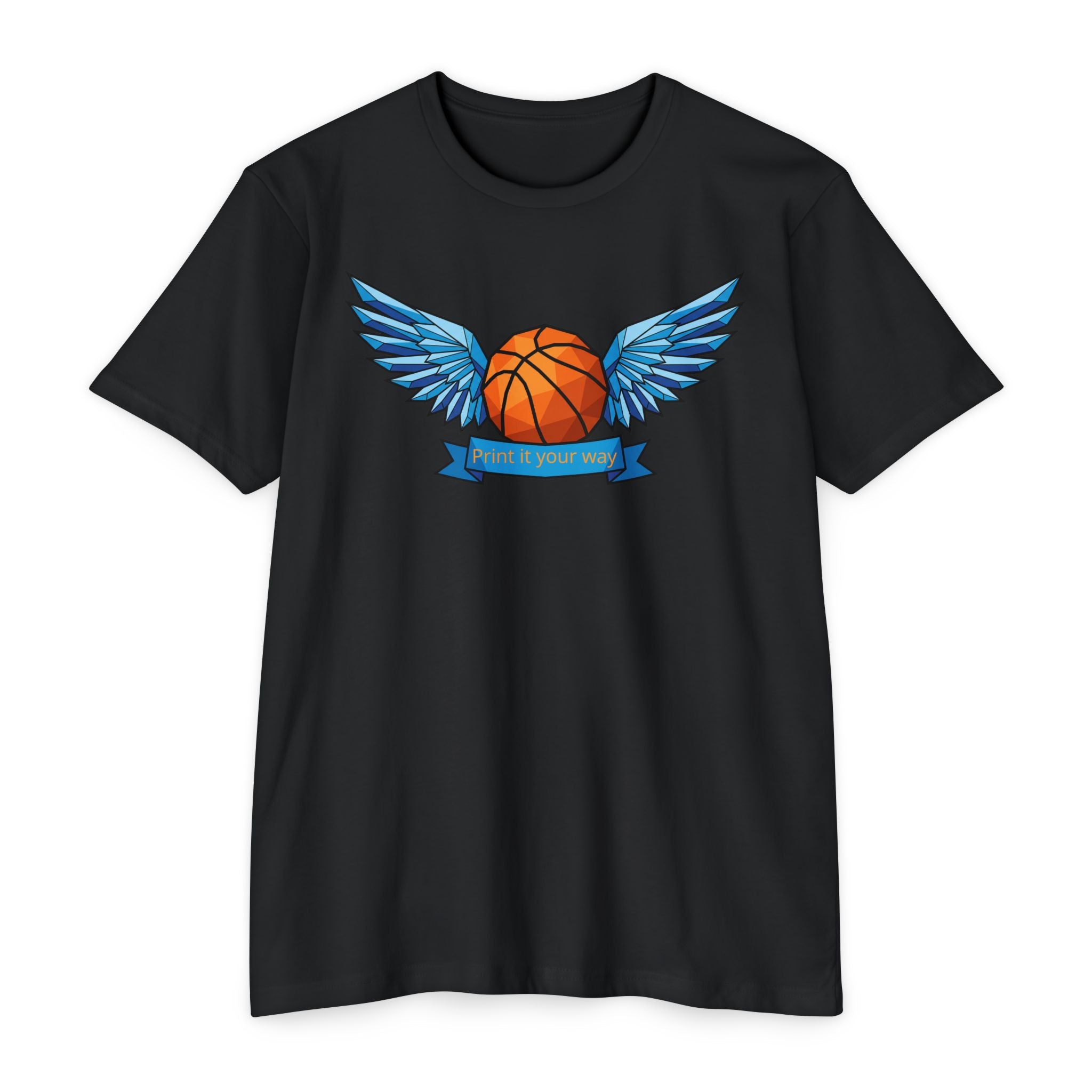 Black t-shirt with winged basketball graphic and small banner print at center.