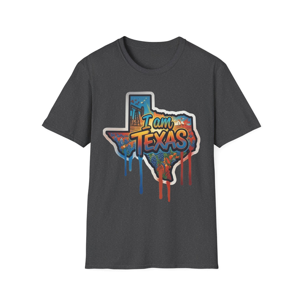 I Am Texas T-shirt (charcoal) with graffiti state outline and skyline “I am Texas” print