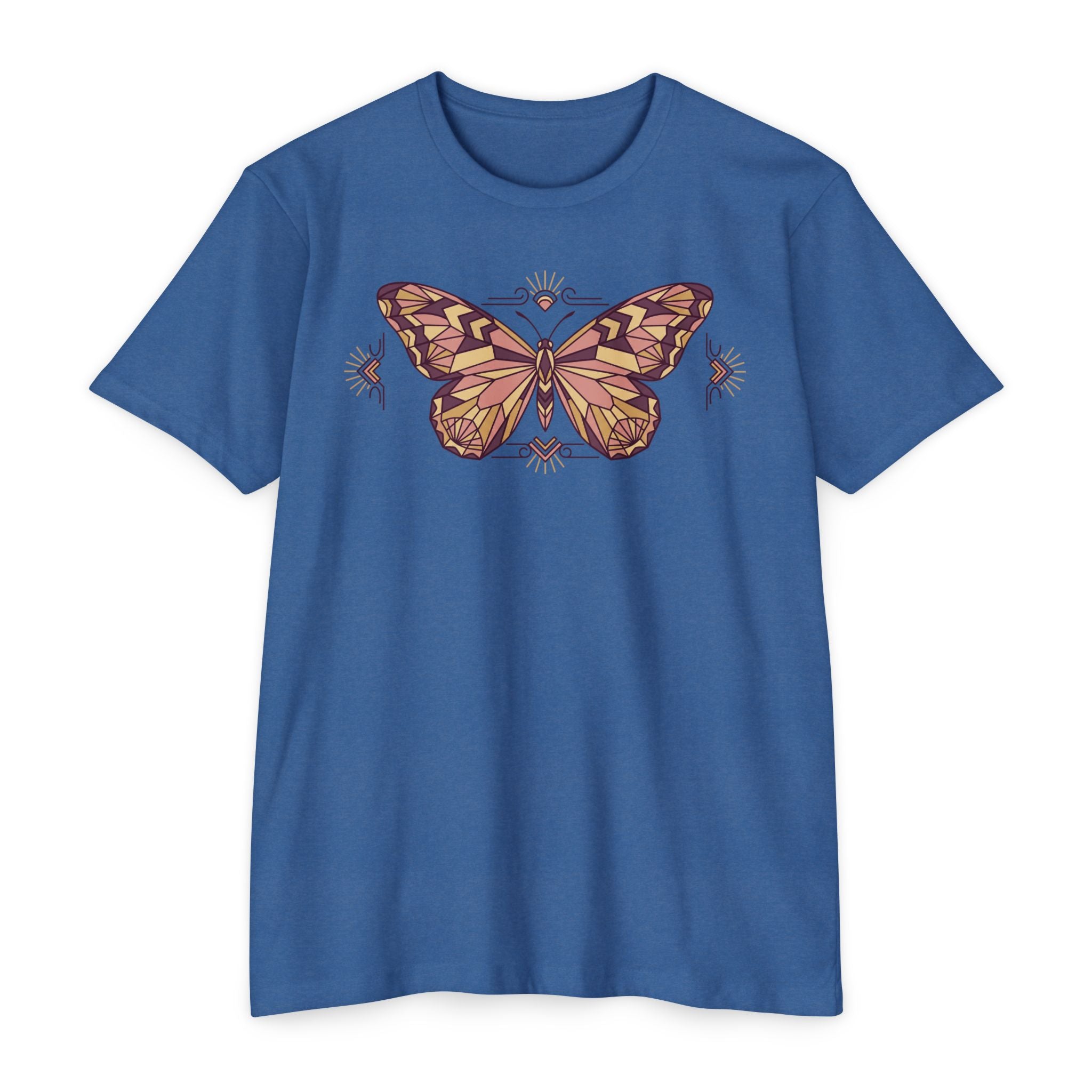 Blue butterfly graphic T-shirt with vintage floral wings illustration, crew neck