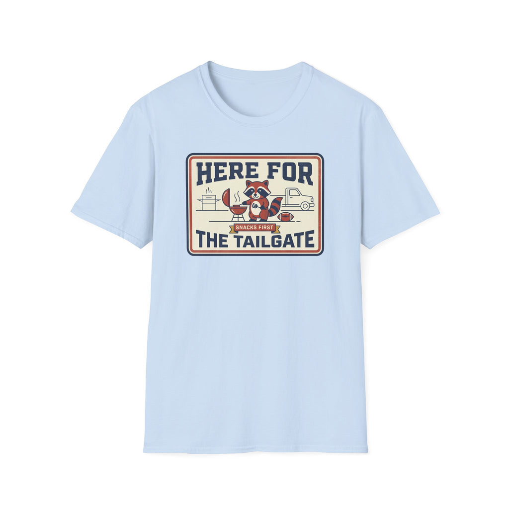 Light blue crewneck T-shirt with “Here for the Tailgate” raccoon graphic