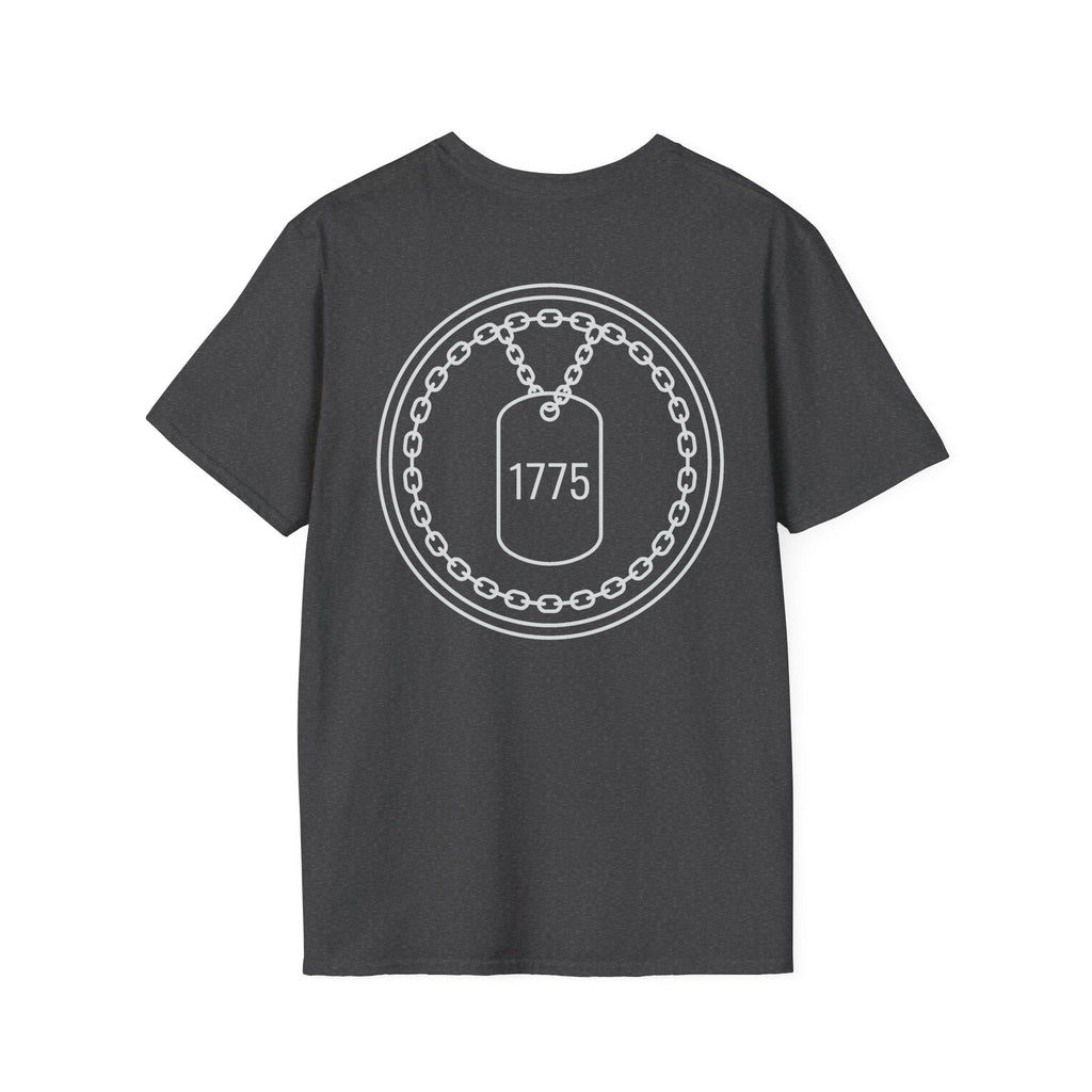Dark heather T-shirt with circular 1775 dog tag emblem print