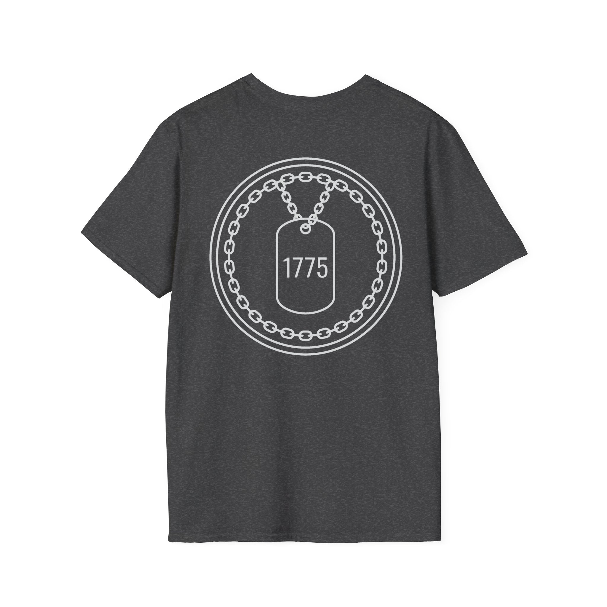 Dark heather T-shirt with circular 1775 dog tag emblem print