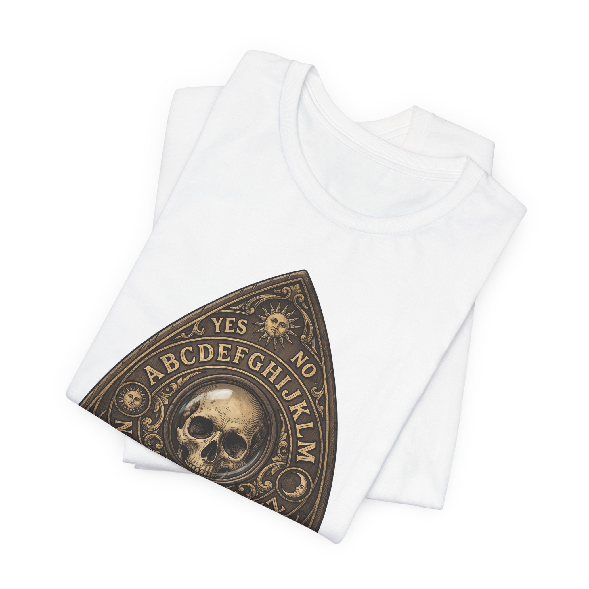 Ouija planchette skull T-shirt, white fabric, close-up of gold lettering and skull
