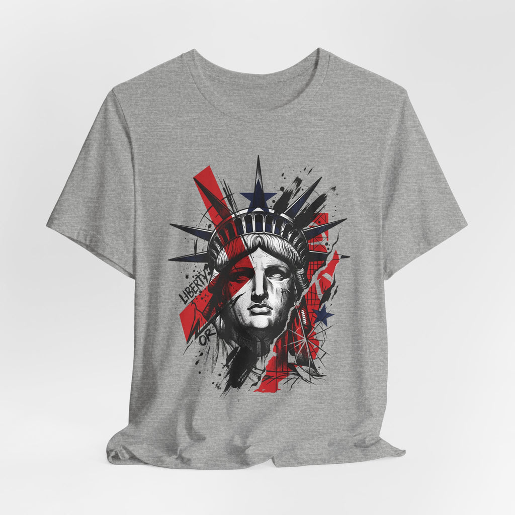 Heather grey crewneck T-shirt with Statue-style head graphic in red, white, and blue