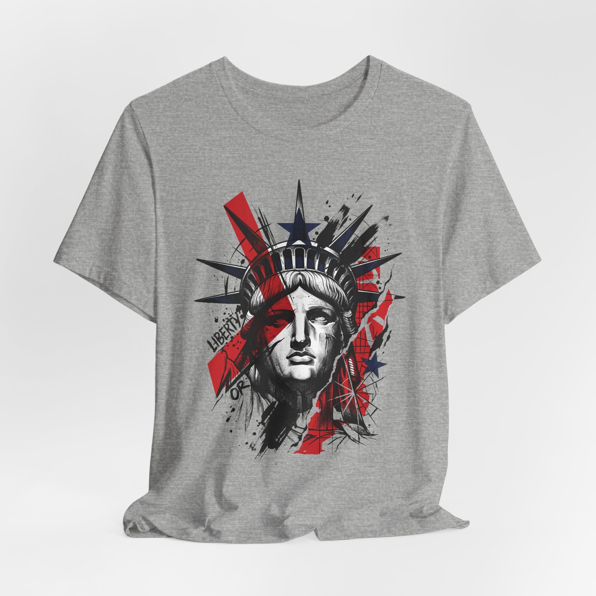 Heather grey crewneck T-shirt with Statue-style head graphic in red, white, and blue
