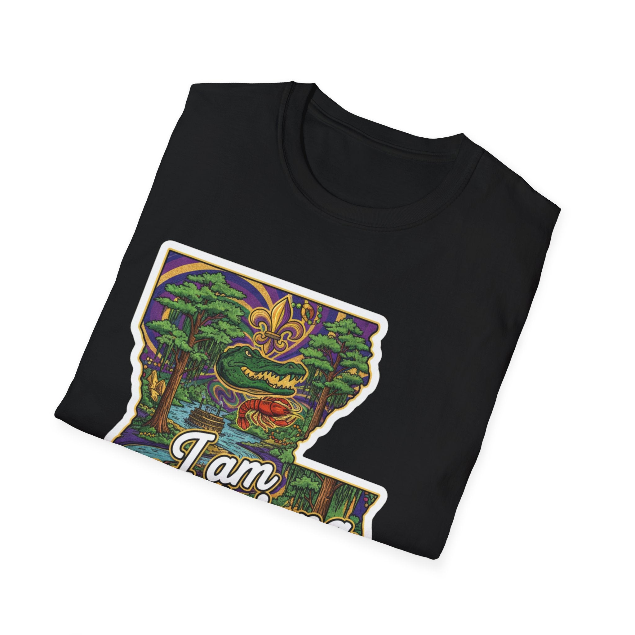 Black T-shirt crew neck with edge of colorful Louisiana map Mardi Gras graphic