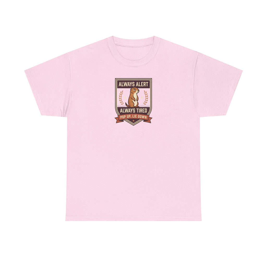 Light pink badge graphic T-shirt with “Always Alert” and “Always Tired” text