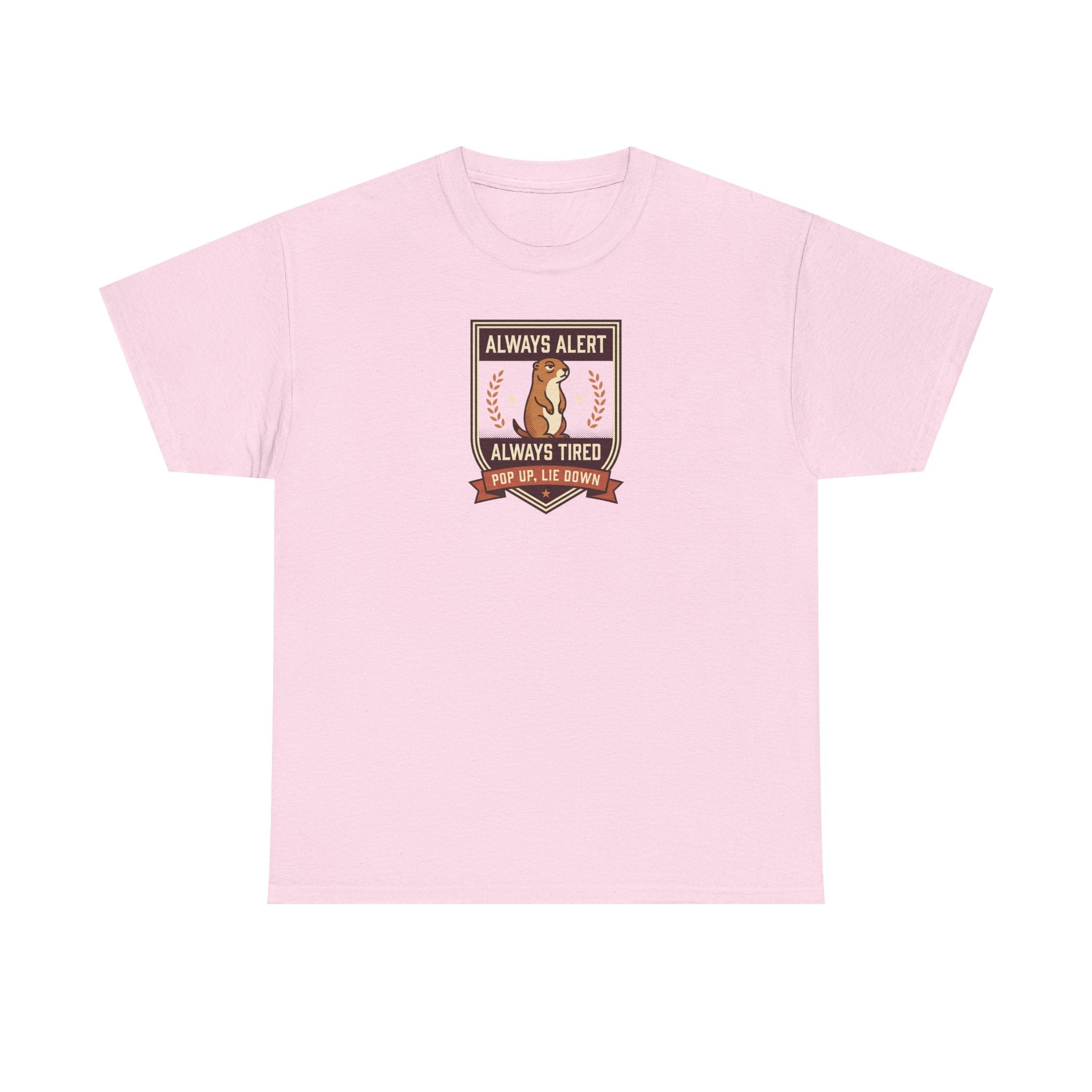 Light pink badge graphic T-shirt with “Always Alert” and “Always Tired” text
