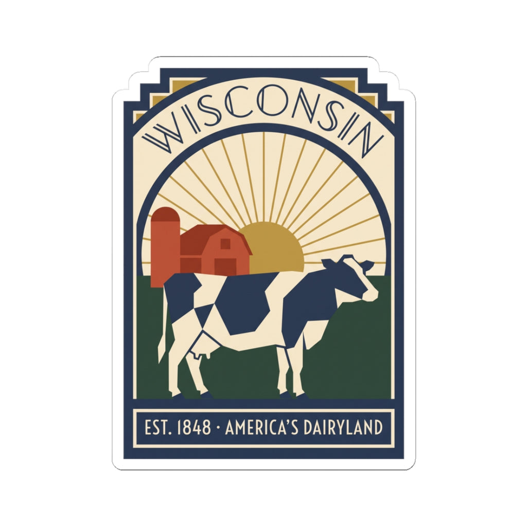 Wisconsin cow art deco vinyl sticker with sunburst farm scene, Est. 1848
