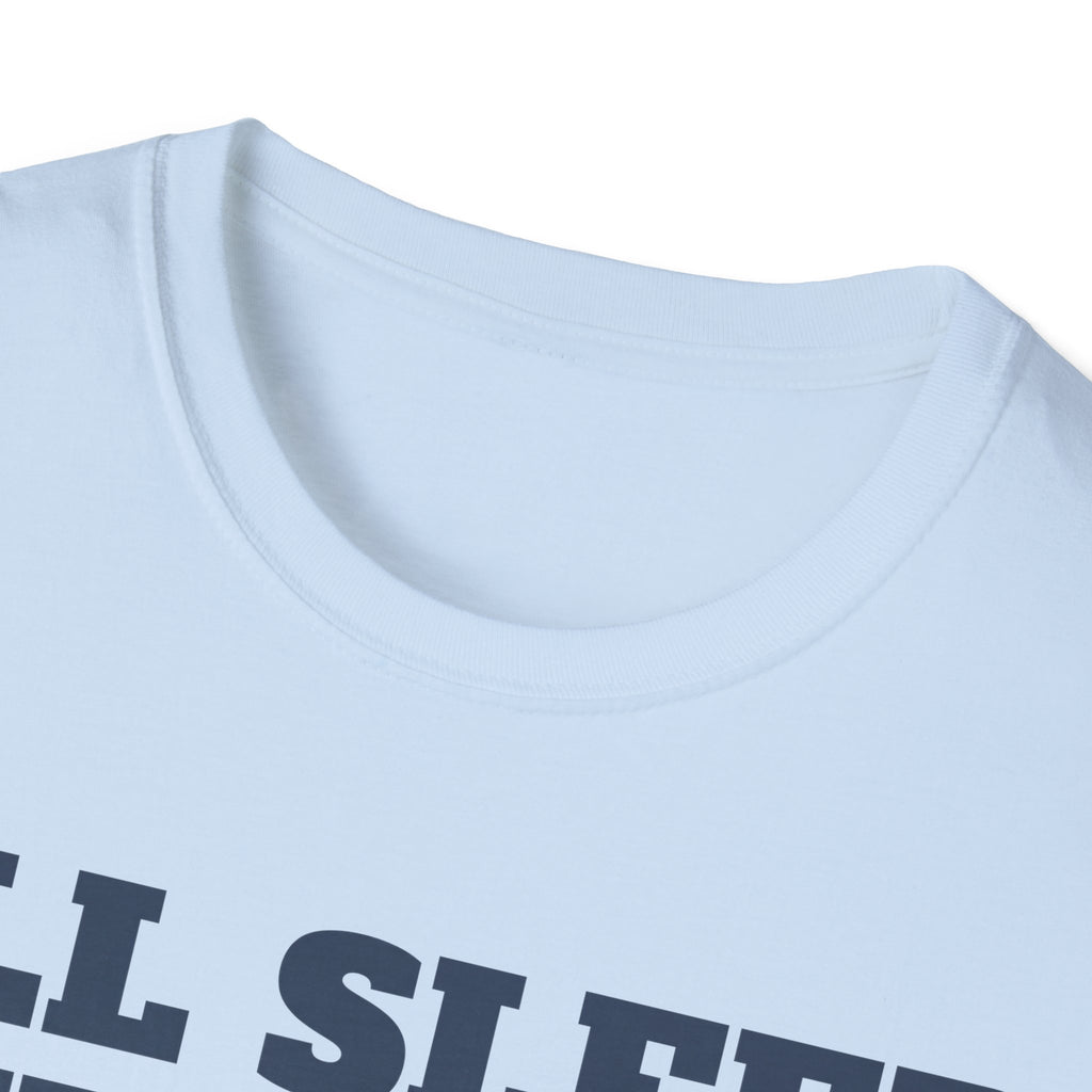 Light blue crewneck T-shirt collar close-up, partial bold text visible at lower edge.