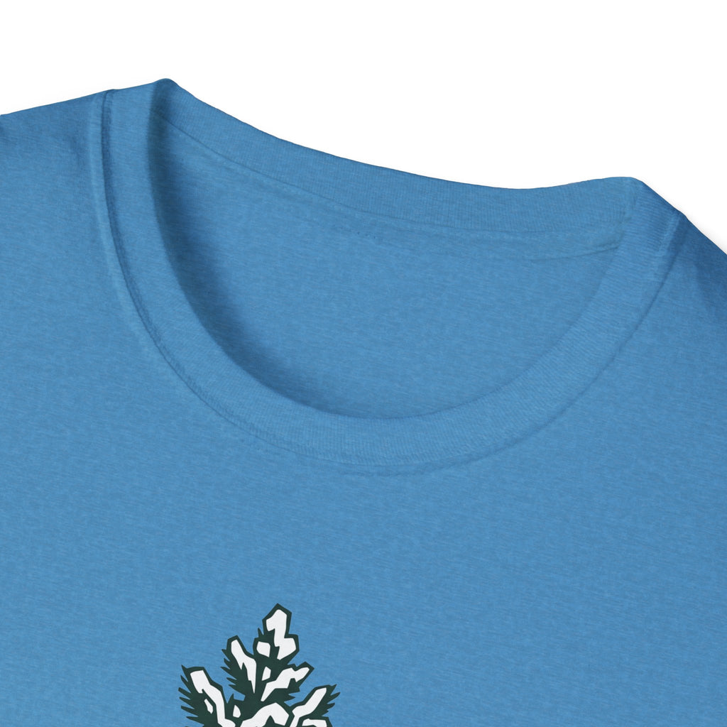 Blue T-shirt neckline with part of the snowy pine tree graphic print