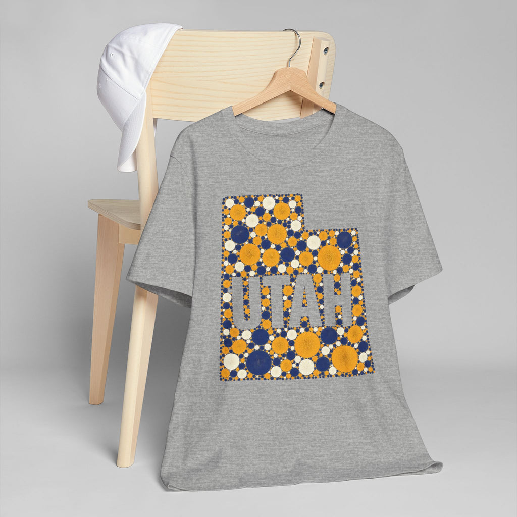 Heather gray T-shirt with large polka-dot state graphic print.