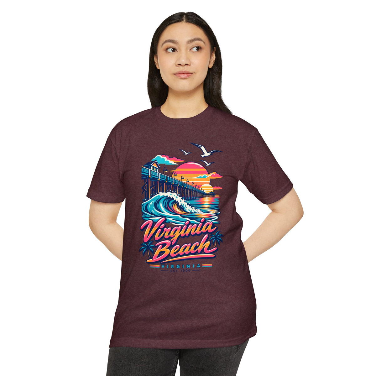 Burgundy T-shirt with pier waves, seagulls, and “Virginia Beach” graphic.