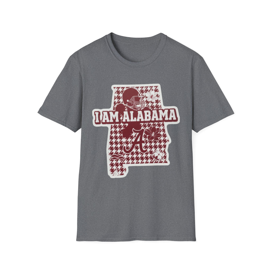 I Am Alabama houndstooth graphic T-shirt, Dark Heather grey, maroon-and-white state print