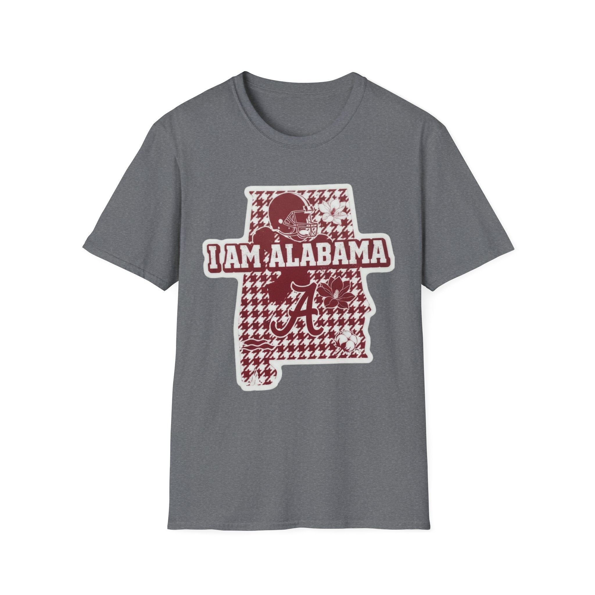 I Am Alabama houndstooth graphic T-shirt, Dark Heather grey, maroon-and-white state print