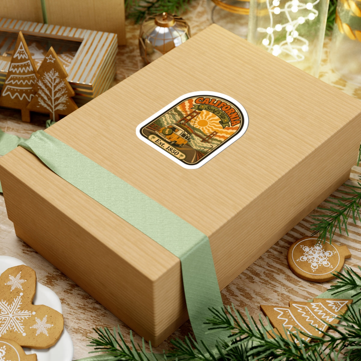 Retro California surf van sticker on a wrapped gift box with “Est. 1850” and bridge artwork.