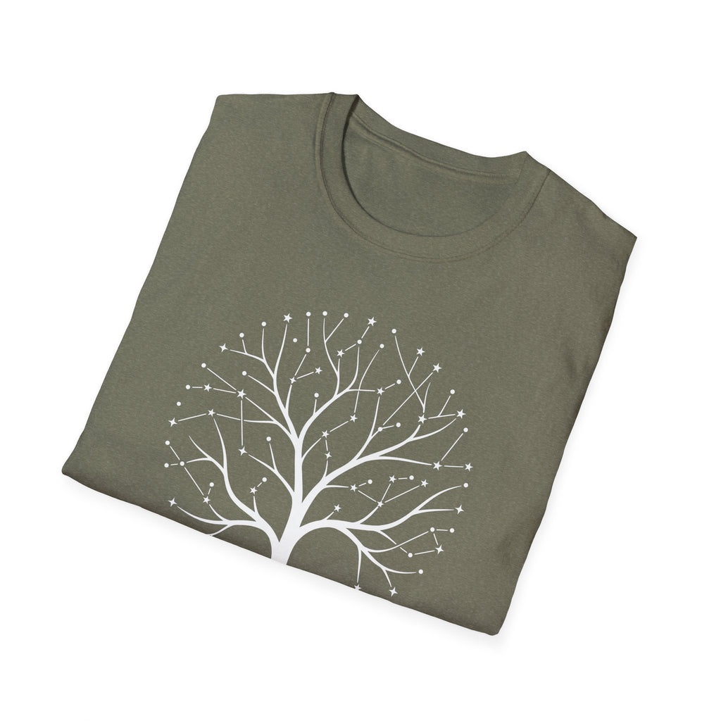 Olive green T-shirt with white tree-of-life star graphic on the front