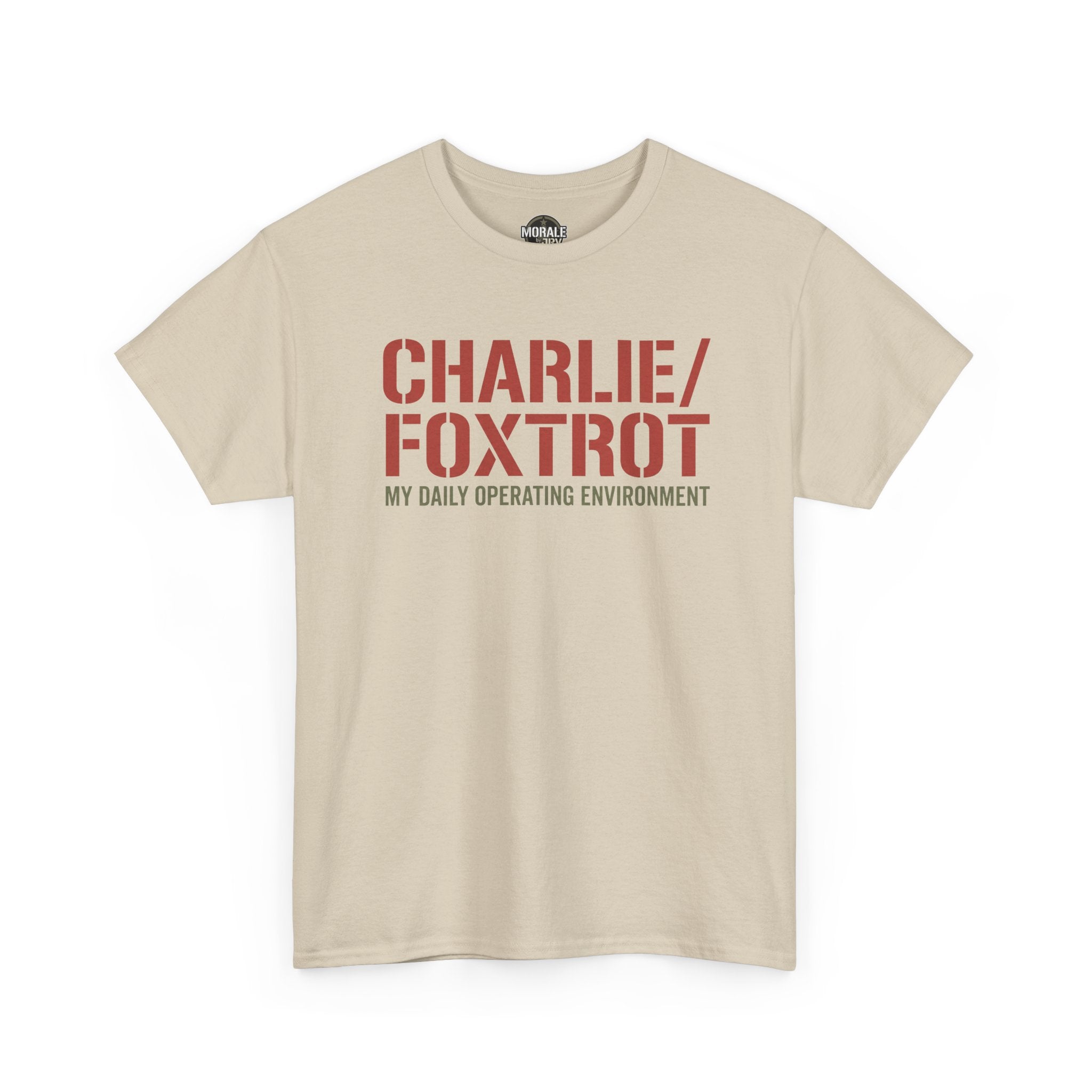 Beige crewneck T-shirt with short sleeves and red slogan graphic on front