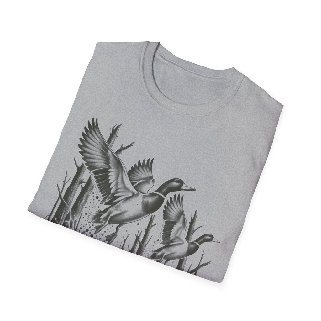 Sport grey duck hunting T-shirt with black flying duck graphic across the chest