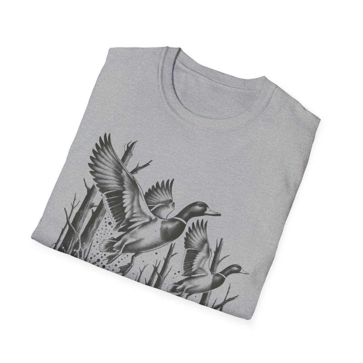 Sport grey duck hunting T-shirt with black flying duck graphic across the chest