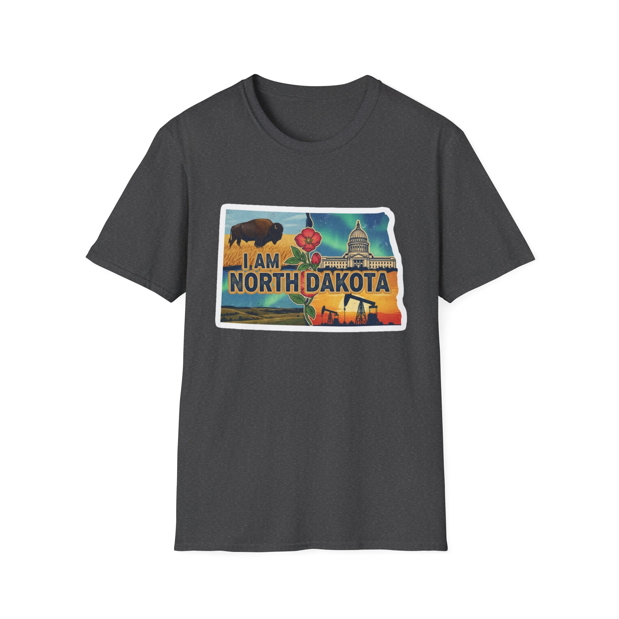 Camiseta gris carbón North Dakota con bisonte, flores y capitolio en el pecho