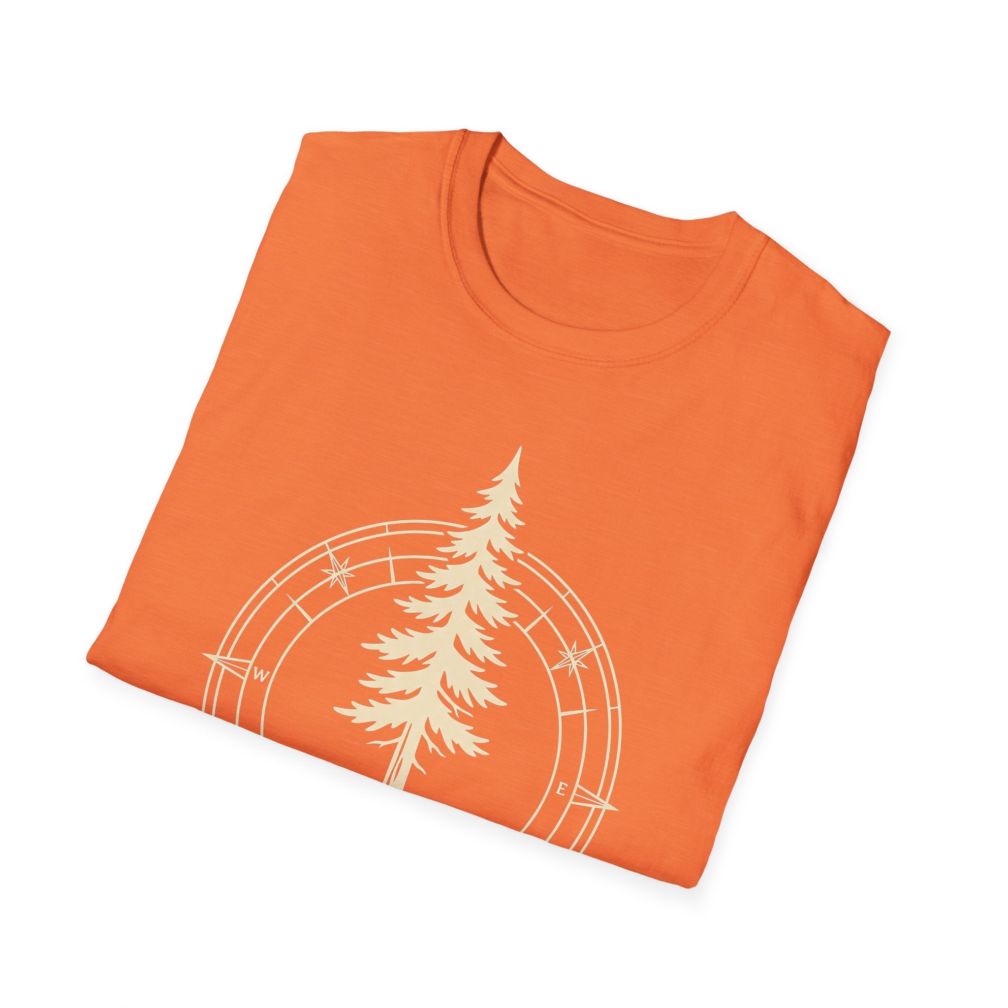 Orange T-shirt with partial pine tree compass graphic on chest