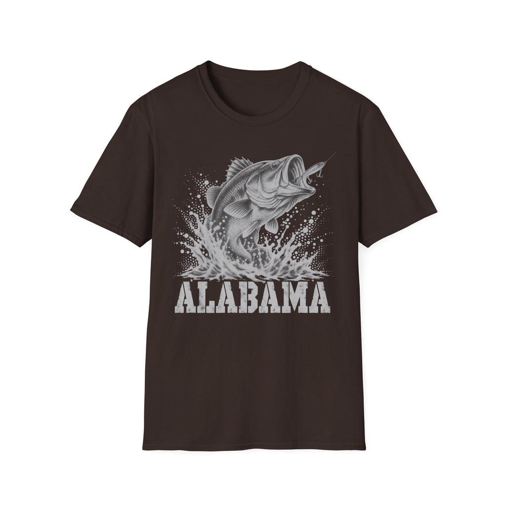 Brown fishing t-shirt with largemouth bass splash and 'ALABAMA' graphic