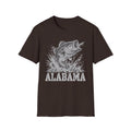 Brown fishing t-shirt with largemouth bass splash and 'ALABAMA' graphic