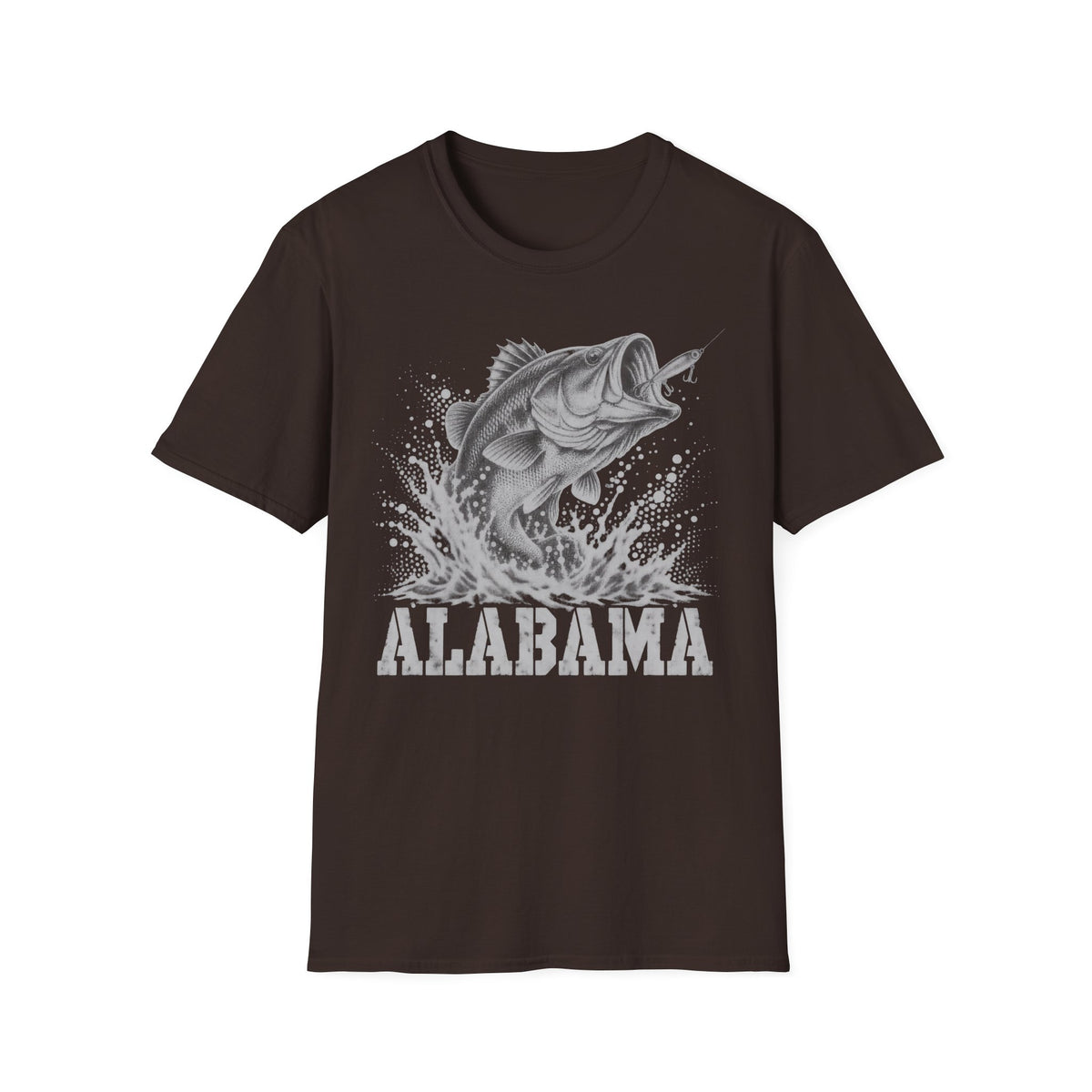 Brown fishing t-shirt with largemouth bass splash and 'ALABAMA' graphic