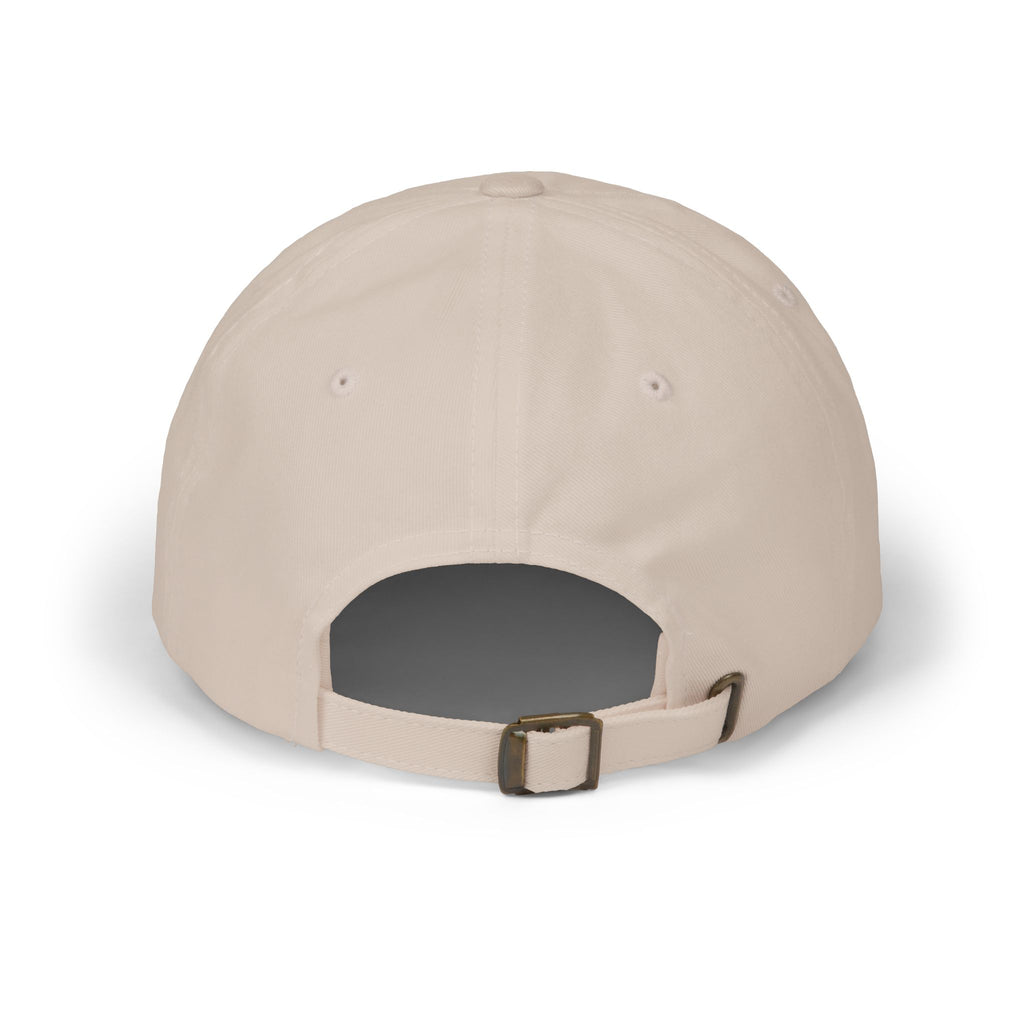Embroidered dad cap in beige with dark underbill and adjustable buckle strap