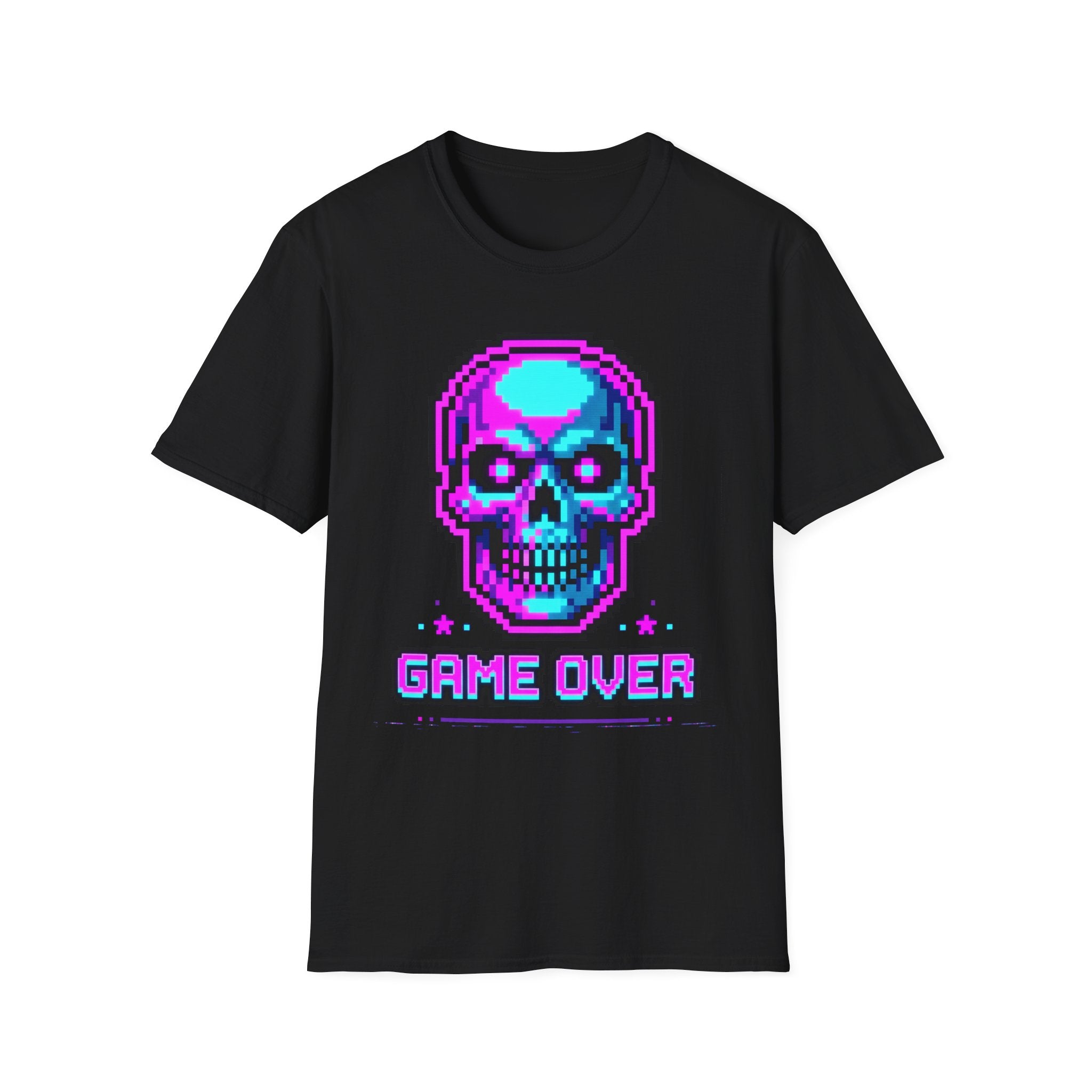 Black t-shirt with pixel skull headphones graphic and 'GAME OVER' text