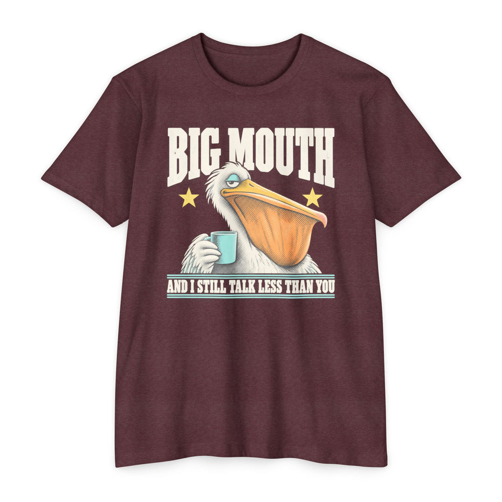Men's dark maroon graphic T-shirt with pelican coffee cup and star text print